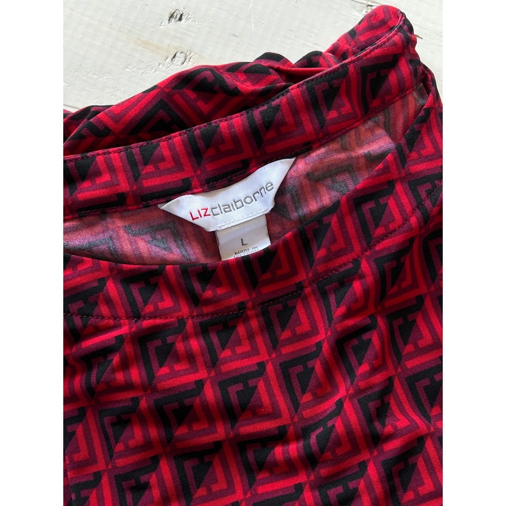 Liz Claiborne Womens Red Black Geometric Ruffle Shoulder Knit‎ Top Large